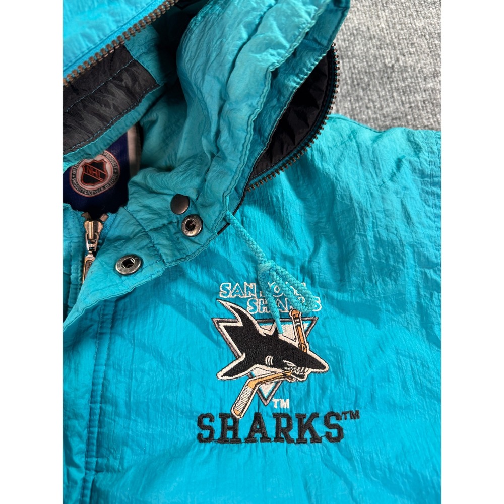 Vintage San Jose Sharks Jacket Mens Medium Teal Competitor 90s NHL Puffer Hooded - Picture 8 of 14